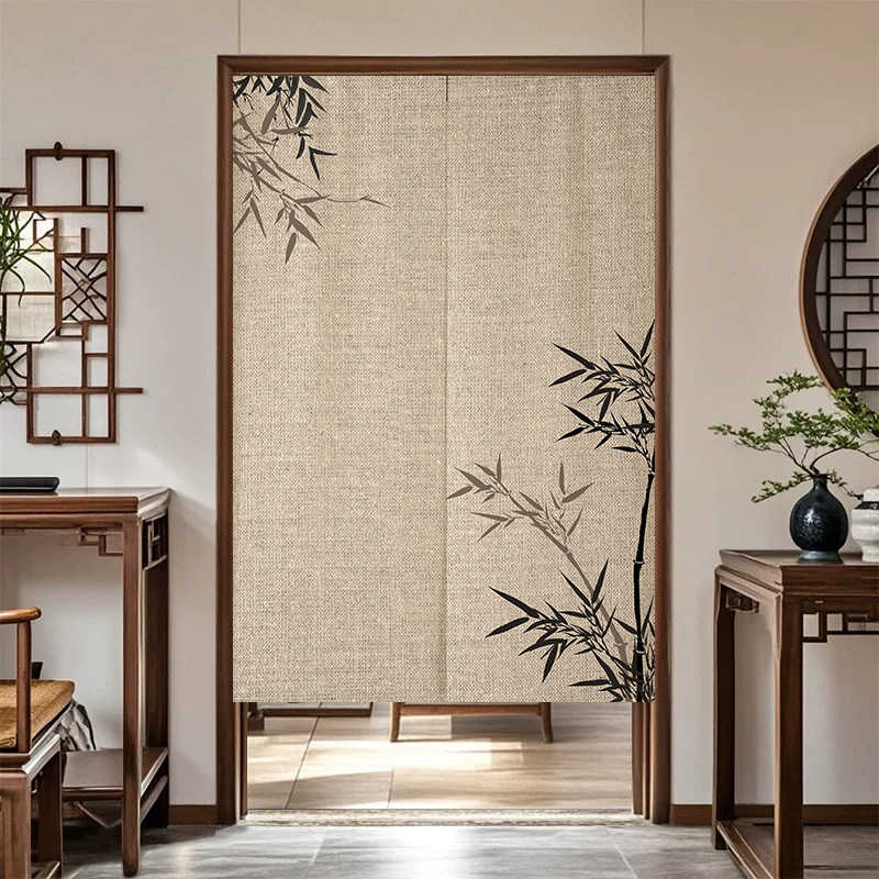 Noren Curtain Doorway - VIKAMA インク竹のれんドアカーテンリネンテクスチャ吊り下げカーテン中国風茶室出入り口パーティション装飾