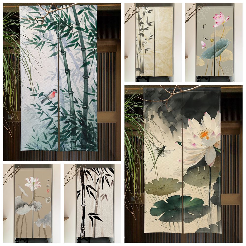 Noren Curtain Doorway - 竹蓮のドアカーテン水墨画日本リネンカーテンドア寝室キッチン玄関装飾パーティションハーフカーテン