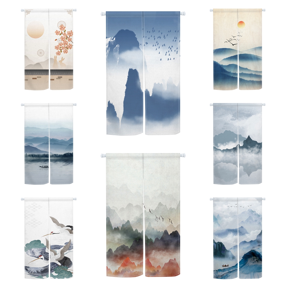 Noren Curtain Doorway - 伝統的な日本の能門カーテン、水墨画の山、湖、鶴、夕日のモチーフ、居酒屋のダイニングルームの仕切り、家の装飾に。