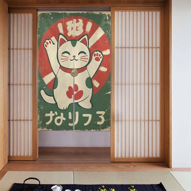 Noren Curtain Doorway - VIKAMA レトログリーン招き猫ドアカーテン ディストレスト加工 日本の招き猫プリントのれんカーテン レストラン吊り下げカーテン