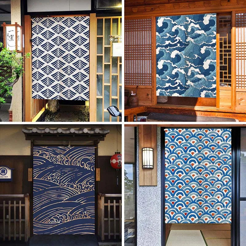 Noren Curtain Doorway - VIKAMA 浮世絵の巨波をイメージしたのれんカーテン、青と白の日本製タペストリー、リビングルーム、バスルーム、カフェ用のプライバシースクリーン